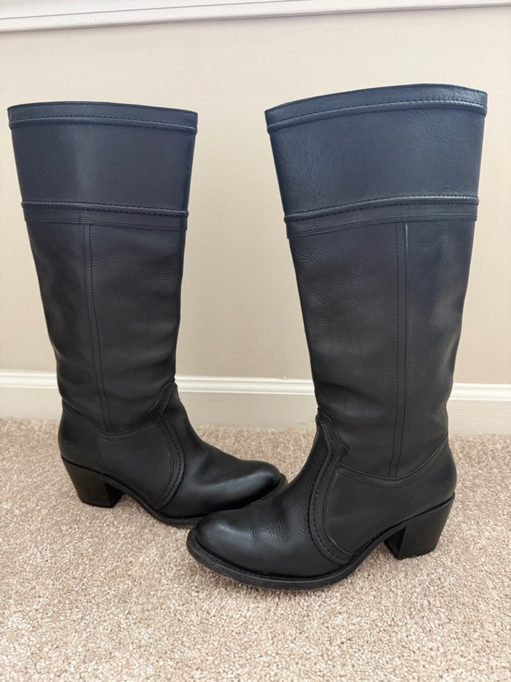 Frye Jane Stitch Tall Black Leather Heeled Boots